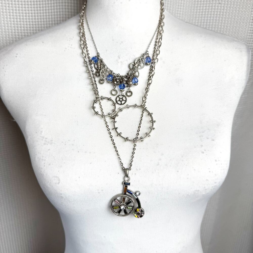 Lot of 3 Bicycle Necklaces Long Silver Tone Gear Beads Tekeli Cycling Stack Set